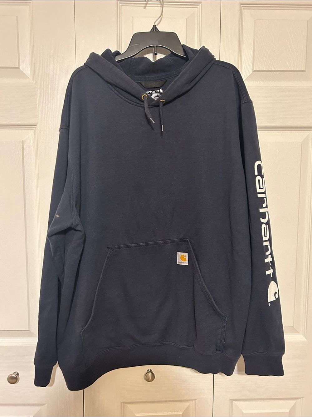 Carhartt Navy Pullover Hoodie with Logo Sleeve